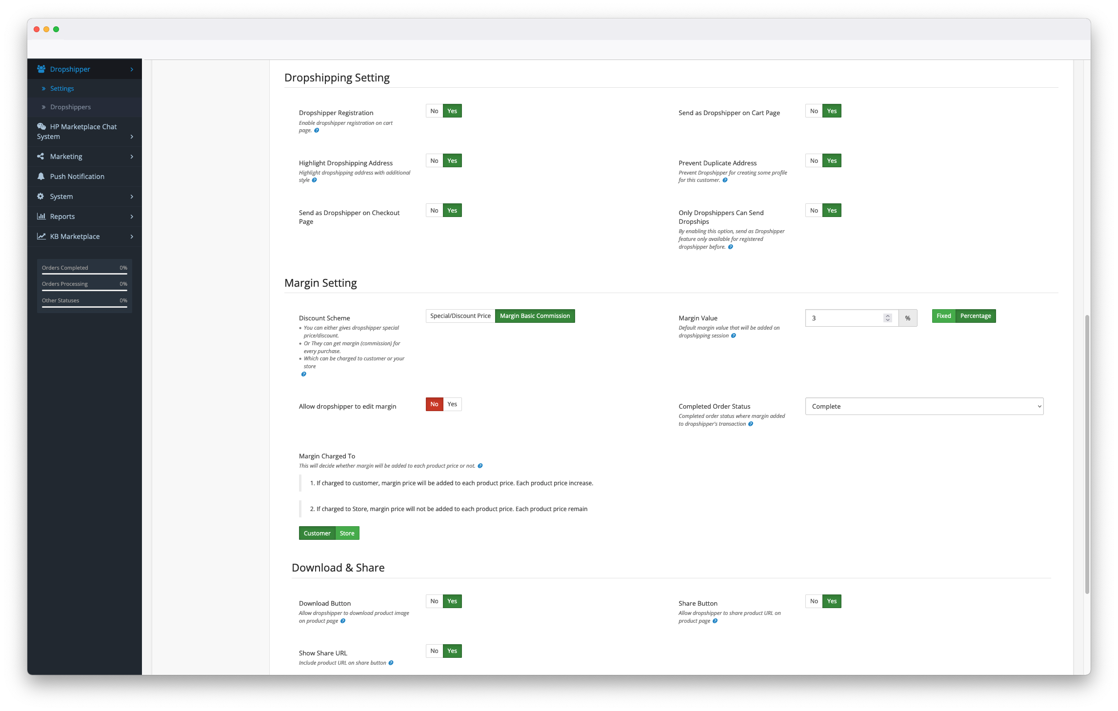 dropshipper main setting in dashboard page opencart 2